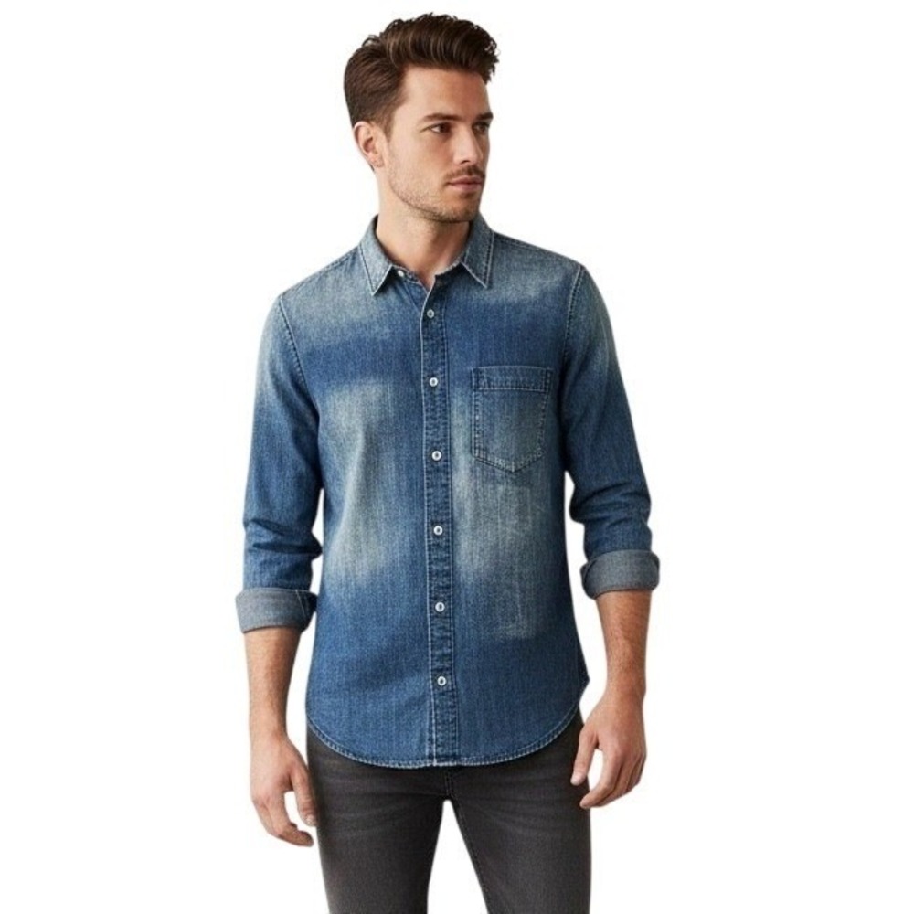 Golden Denim Button Down‎ Shirt Mens S Blue Acid Wash Long Sleeve High Low Hem